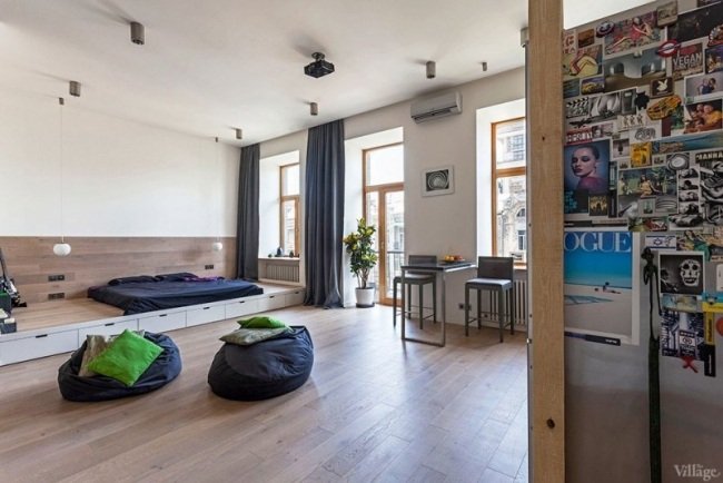 lägenhet öppen planlösning futon säng lådor hall golv bönpåsar matplats
