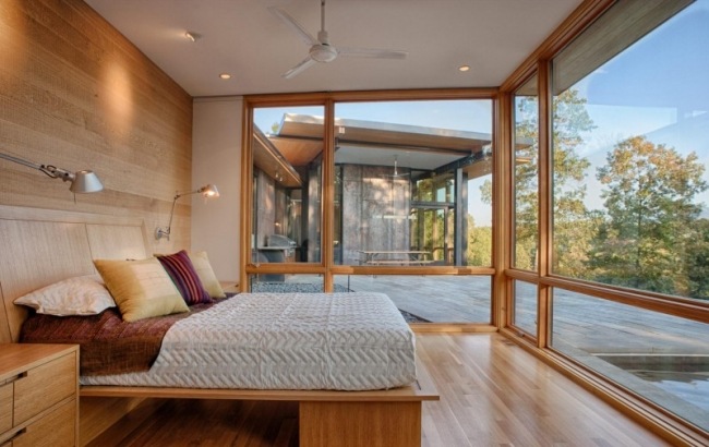 design hus sovrum trä väggbeklädnad inglasning terrass