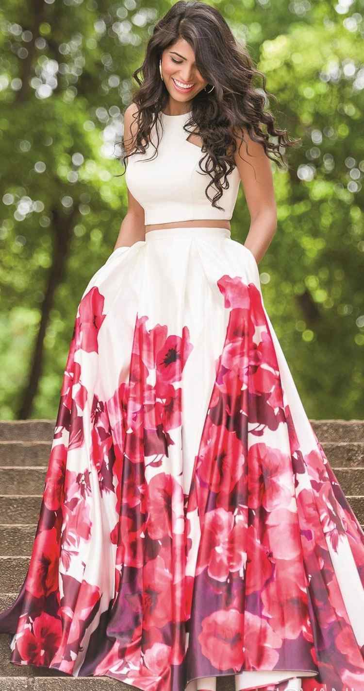 balklänningar-tvådelad-lång-grädde-röd-blomma-kjol