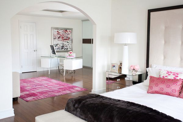 Sovrum inredning design dörr båge färgschema-rosa svart vita dekorativa föremål