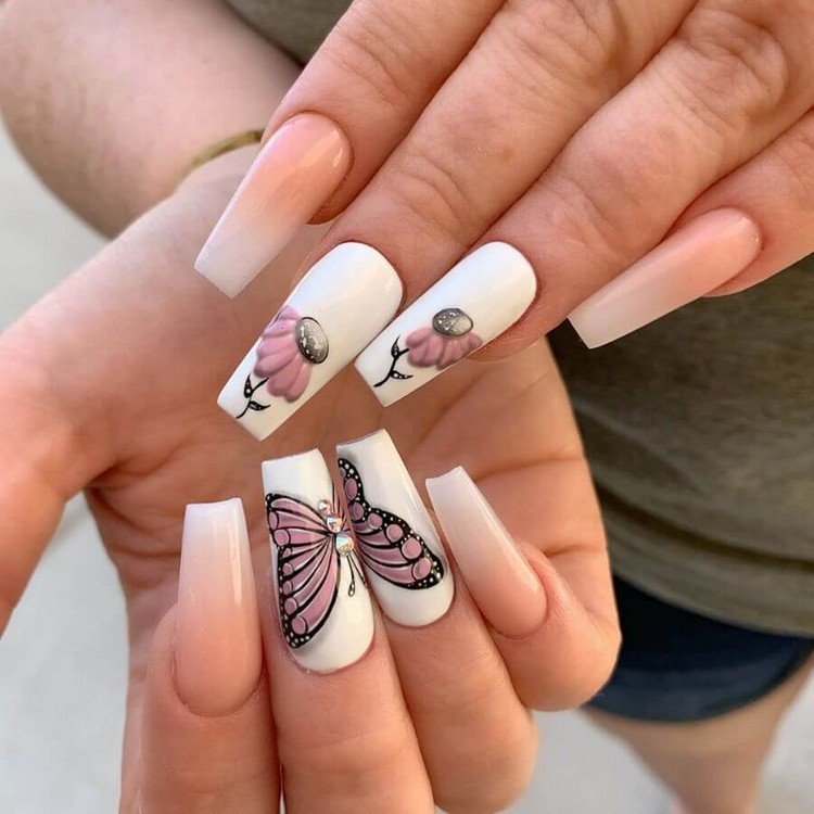 Baby Boomer Nails Idéer Akryl naglar Sommar 2020 Butterfly Nails