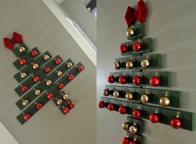 adventskalender-trä-grönt-lackat-träbrädor-julbollar-guld-rött-väggmonterat