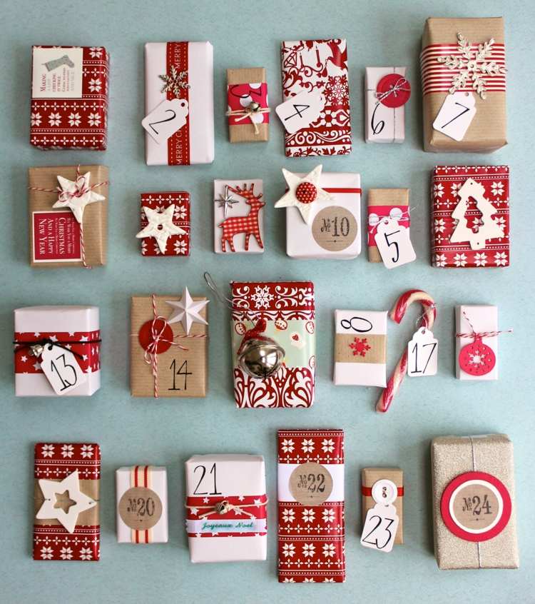 adventskalender gjord av papper modern idé röda vita inpackningspapperslådor
