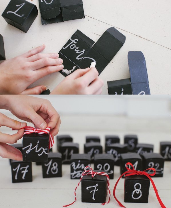 adventskalenderidéer papperslådor blackboard färg krita nummer