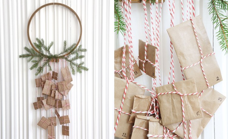 tinker adventskalender själv idé broderi ram trä krans hängande gran grenar