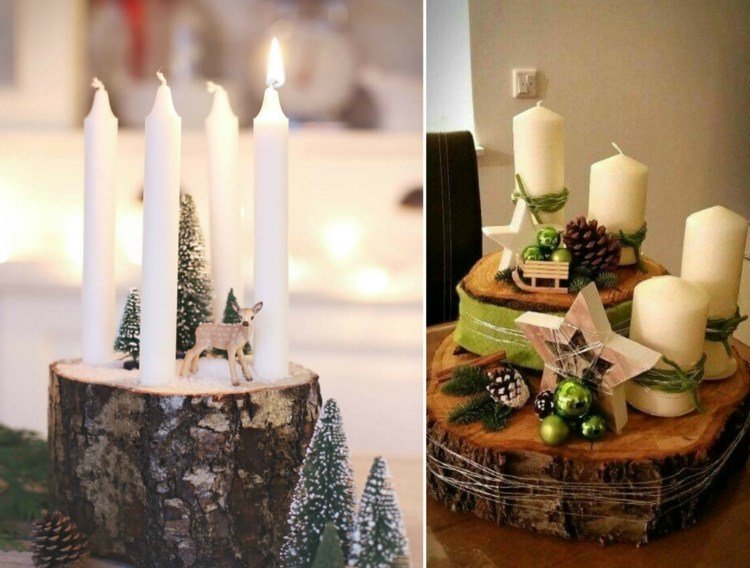 Adventskrans gjord av trädskivor bordsljus etapper designhantverk idéer jul
