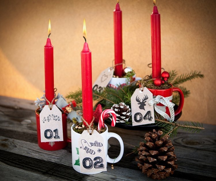 tinker adventskrans röda bord ljus muggar idé jul