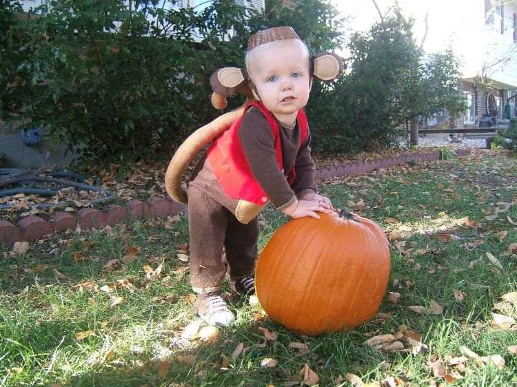 apa kostym vuxna gör det själv baby barn idéer halloween pumpa höst gräsmatta