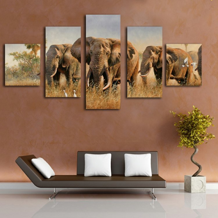 afrika-deco-väggmålning-elefant-fem-del-canape-läder-soffa-modern