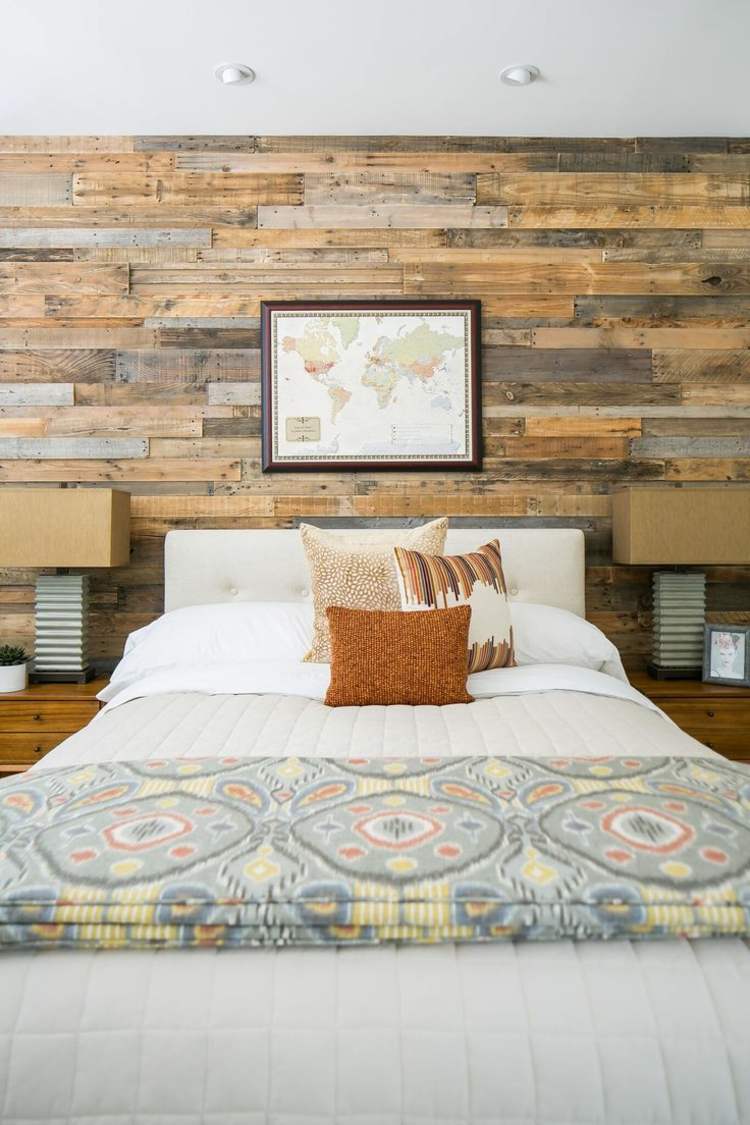 trender sovrum trä väggbeklädnad vacker design dekor kuddar