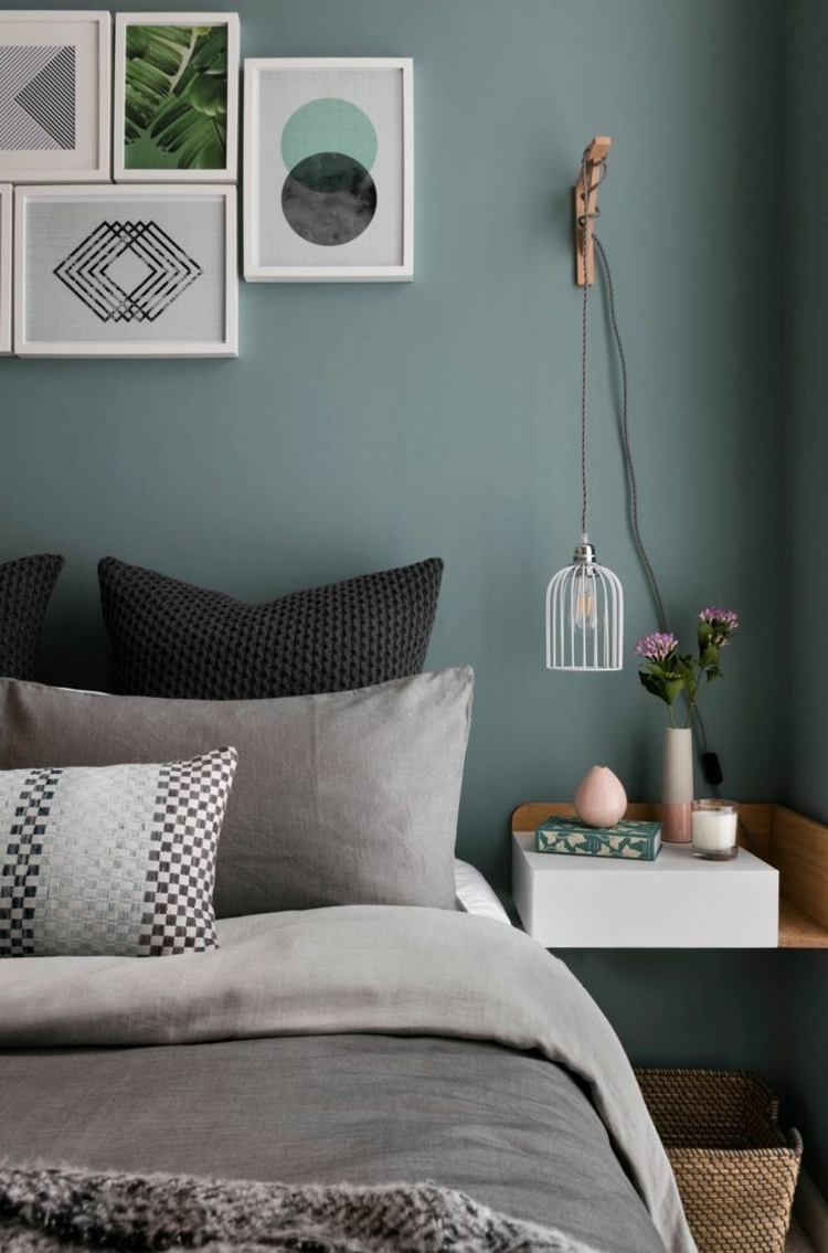 sovrum inredning trend deco-slät-grön grå vägg färg grå textilier