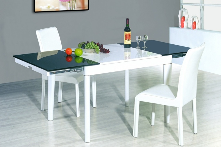 möbler-modernt vitt-matbord-utdragbart-svart-högglansigt