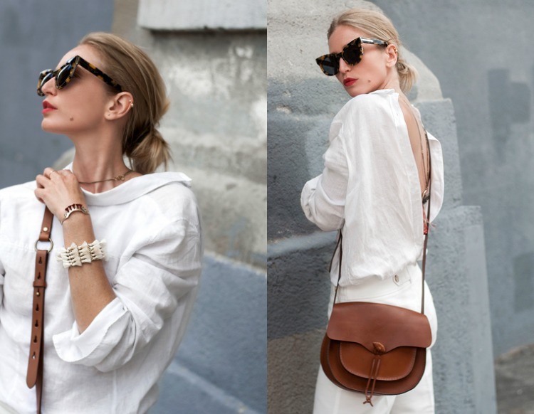 nuvarande-mode-trend-dam-skjorta-linne-vit-läder-väska
