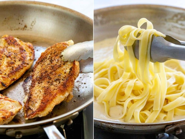 Stek kycklingbröstfilén och servera med pasta som bandnudlar eller spagetti