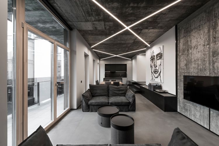 gammal byggnad renovera idéer minimalistisk design betongväggar belysning grå trick bild soffa glasdörrar tv