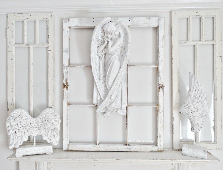 gammal-fönster-dekoration-vit-ängel-vägg-dekoration-hylla-vägg-måla-hylla
