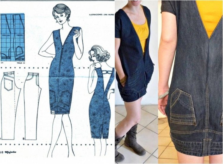 gamla jeans-återvinnings-klänning-nära-intressant-snitt