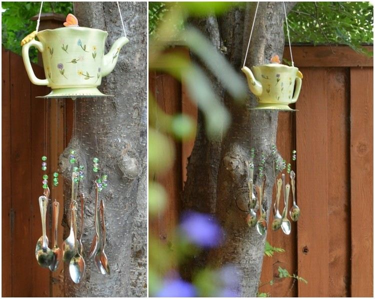 DIY vindspel för trädgården gjorda av gamla tekannor och bestick