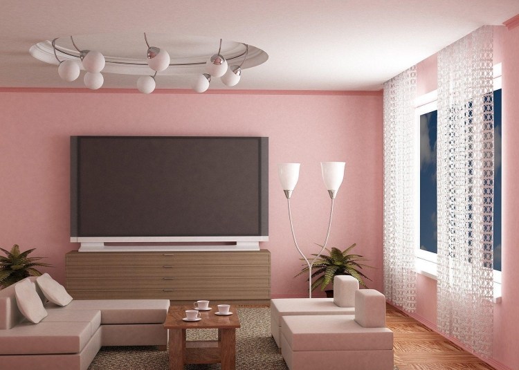 skumma rosa-vägg-färg-vardagsrum-tv-lampor-vit-modern-hörnsoffa