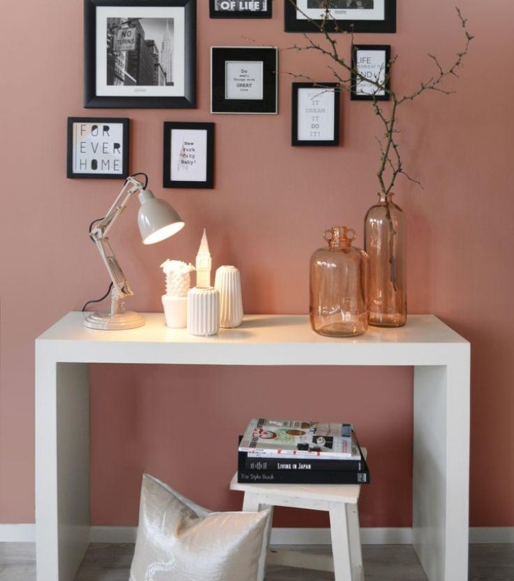 skumma-rosa-vägg-färg-möblering-bild-vägg-konsol-bord-moderna-kontrast-glas-vaser