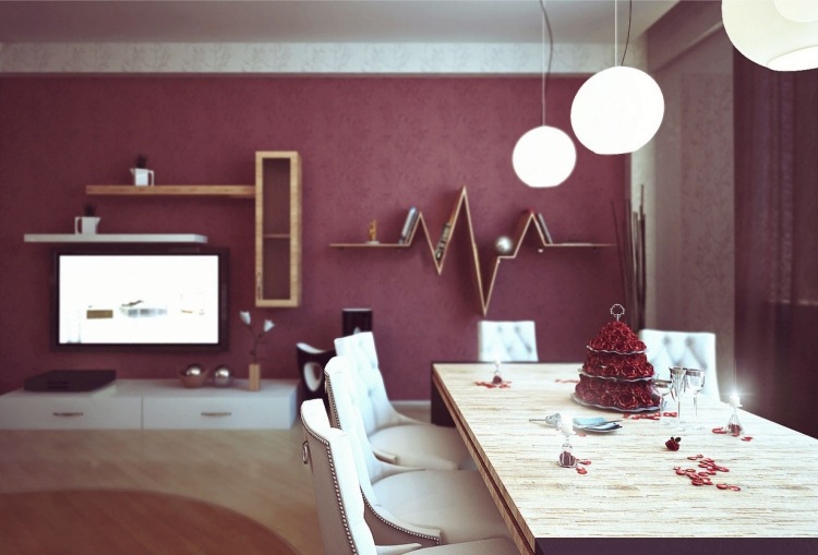 skumma rosa-vägg-färg-mörk-nyanserad-matbord-vardagsrum-hängande lampor