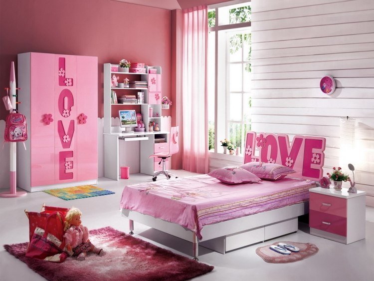 skymning rosa-väggfärg-barnrum-tjej-säng-matta-dock-möbler-vit