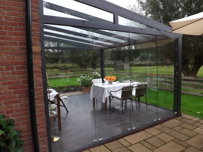 Aluminium terrass tak-billiga-sidoväggar-glas-vindskydd-vägg förlängning