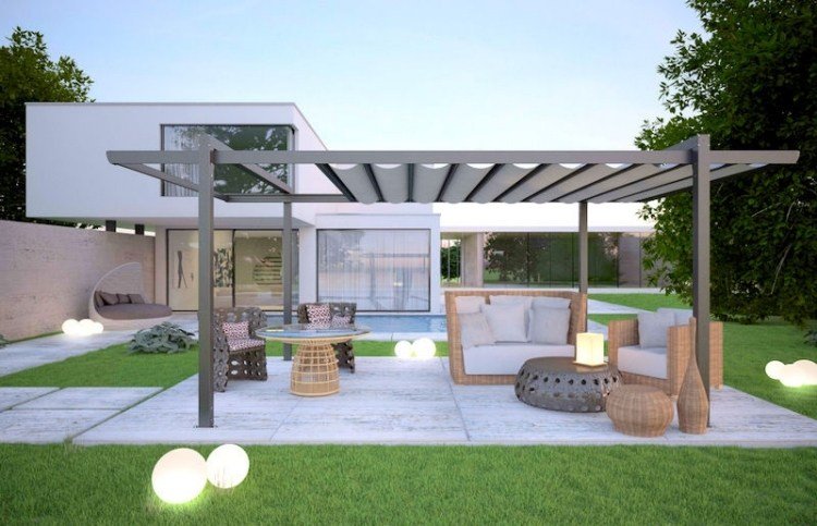 aluminium-terrass takläggning-väderskydd-gräsmatta-belysning-boll-rotting