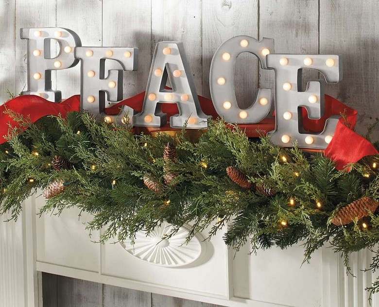 American Christmas Decor Pine Cone Letters Lit Mantelpiece