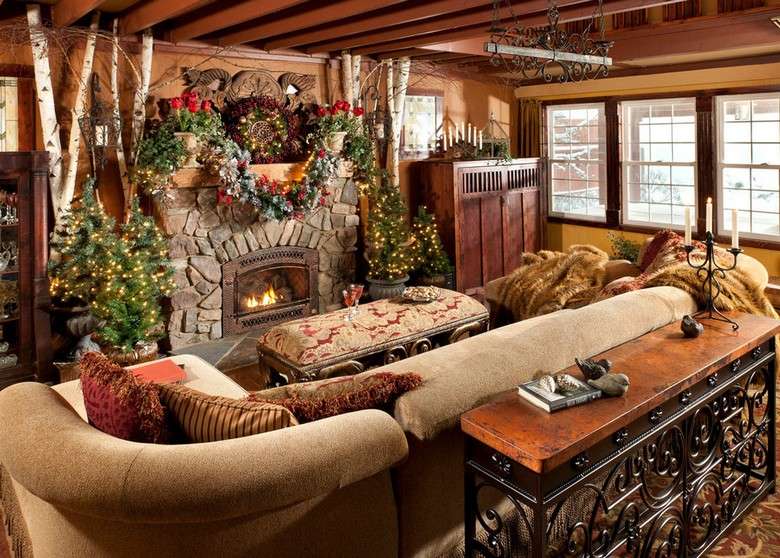 Amerikansk-jul-dekor-krans-idéer-soffa-uppsättning-fuskpäls-överkast