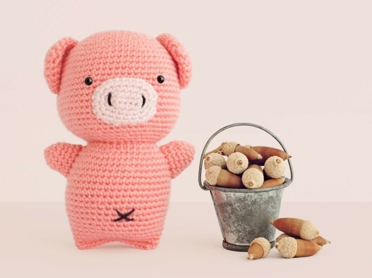 Amigurumi virkade lycklig gris-ekollon-hink-rosa-ull