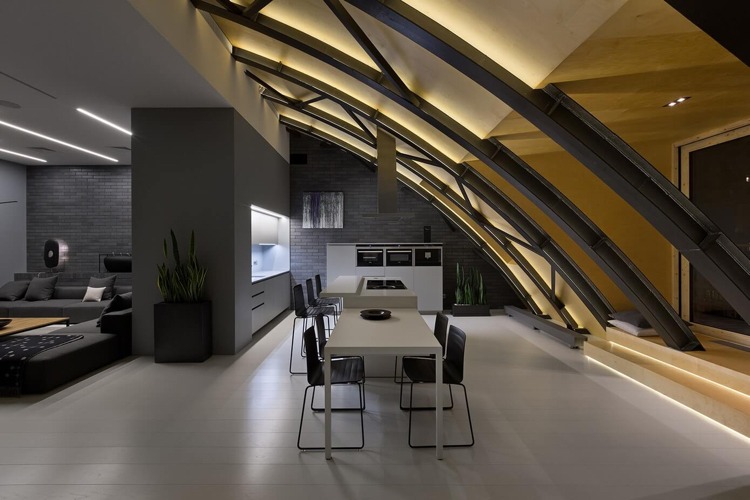 antracit-färg-modern-vind-lägenhet-öppen-rymd-planering-indirekt-belysning-stål-konstruktion