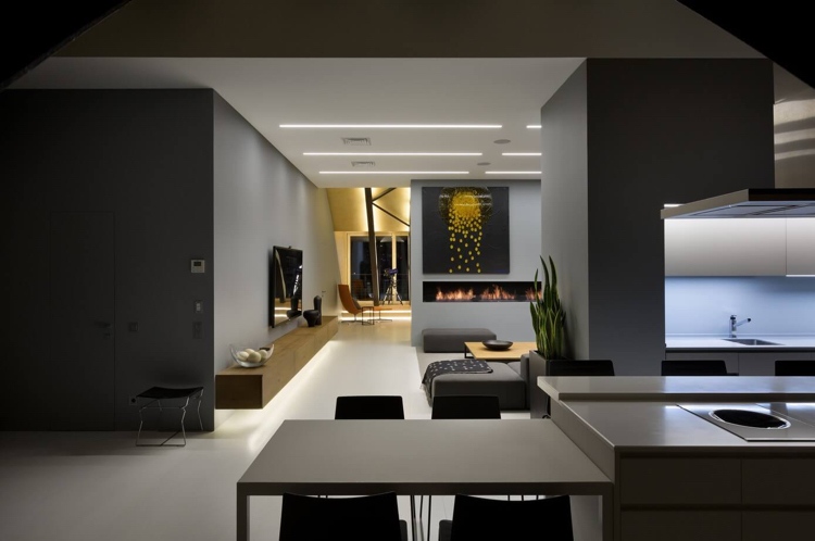 antracit-färg-modern-vind-lägenhet-öppet-kök-vardagsrum-indirekt-belysning