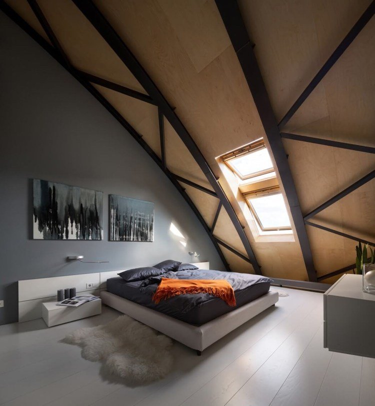 antracit-färg-modern-vind-lägenhet-sovrum-golv-vit-pälsmatta
