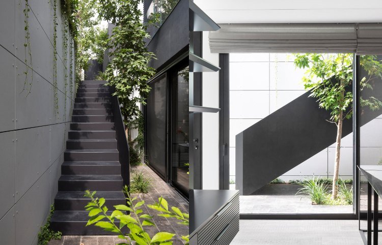 Antracitfärgad yttre metaltrappdesign modernt hus med paneler på fasaden