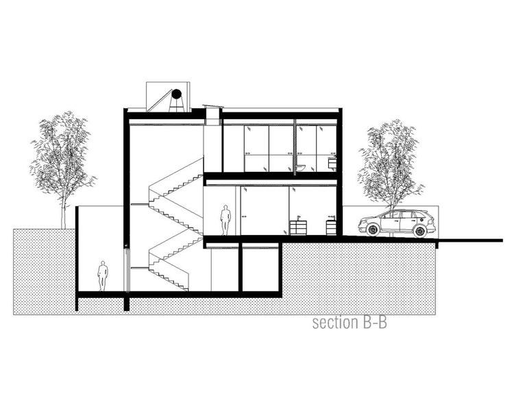Enfamiljshus med platt tak och planlösning i källaren