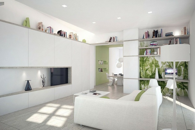 vardagsrum lägenhet projekt 3d soffa vita gröna accenter