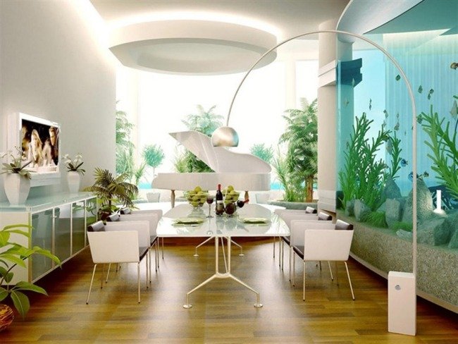 akvarium hus vägg vita möbler matplats