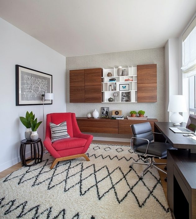 Hem-kontor-skåp-möbler-avkopplande-fåtölj-röd-matta-djup-hög-geometriska-mönster