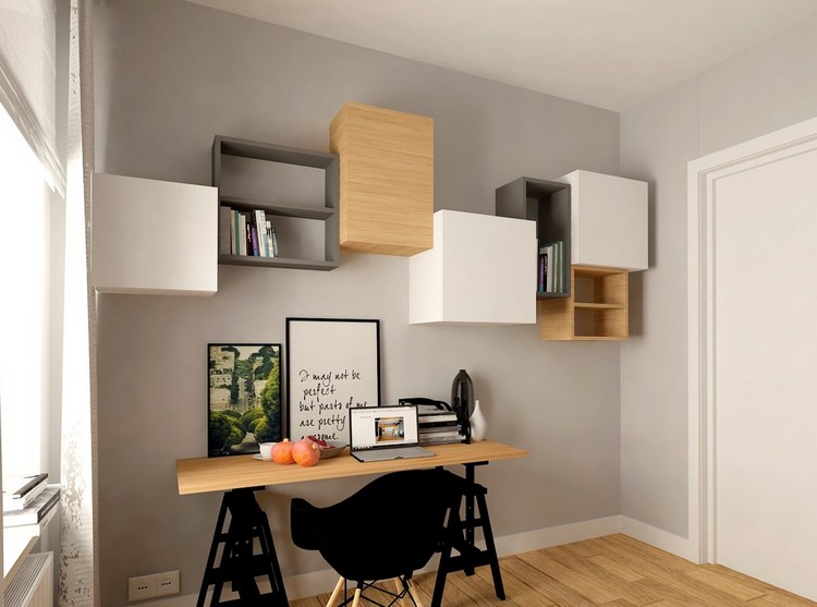 Arbetar hemifrån-arbetsyta-design-siden-grå-väggfärg-trä-skrivbord-garderob