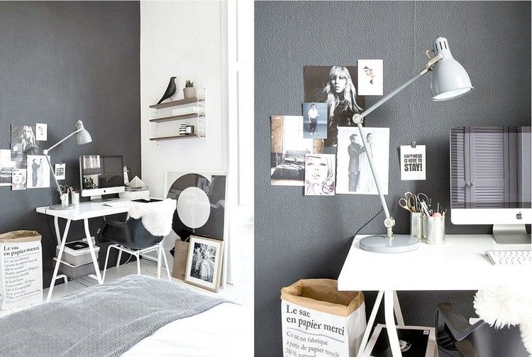 arbete-från-hemmet-design-arbets-området-mörk-grå-vägg-färg-vit-skrivbord