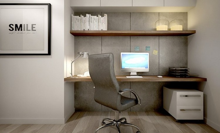 arbete-från-hemmet-design-arbete-utrymme-väggpaneler-betong-look-trä-hyllor-skrivbord