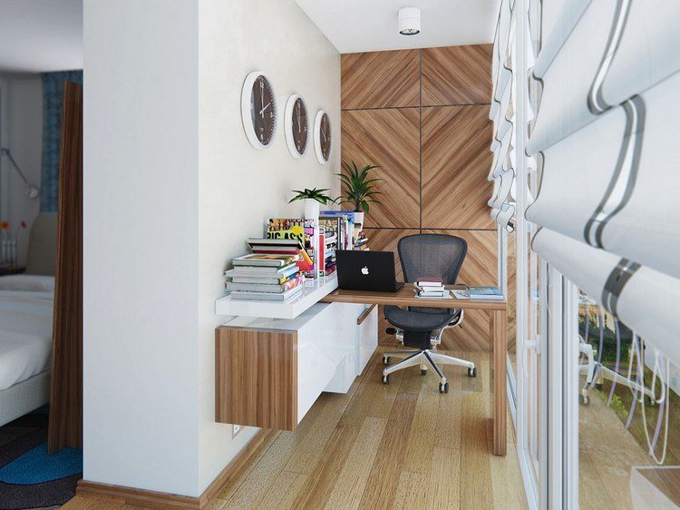 liten arbetsyta-design-trä-vägg-paneler-skrivbord-bokhyllor