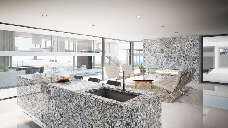 Bänkskiva i granit -kök-grå-modern-kök-väggbeklädnad