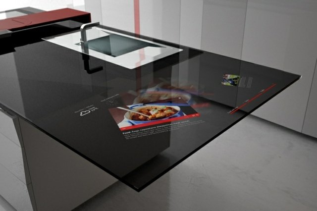 modernt kök interaktivt displaydisk mörk mörkt glas