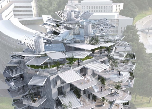 Gamla möter modern stadsarkitektur-designorienterat torn Montpellier-Sou Fujimoto