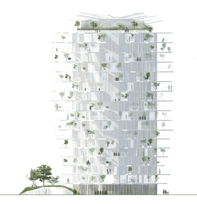 Arbre Blanc-hus med grönska och solpaneler Montpellier-Sou Fujimoto