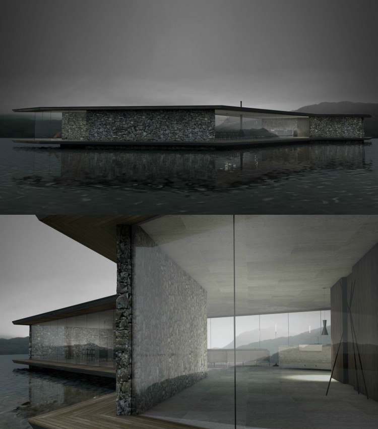arkitektur glas stenhus panoramafönster platt tak sjö