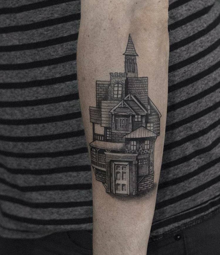 tatueringsmotiv-arkitektur-hus-medeltida-golv-torn-dörr-tegel