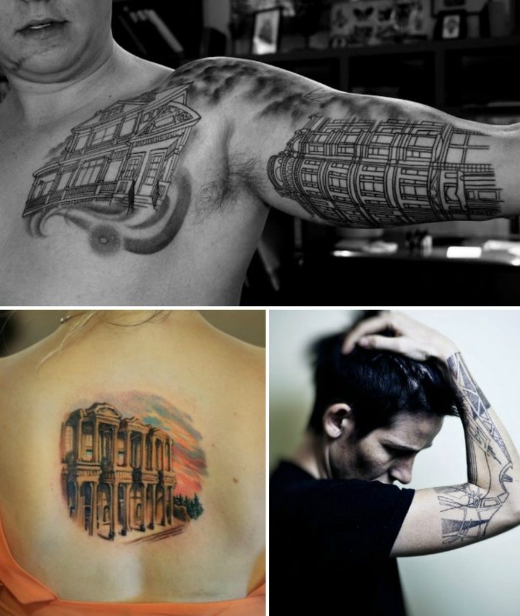 tatueringsmotiv-arkitektur-idéer-arm-tillbaka-konstnärliga hus